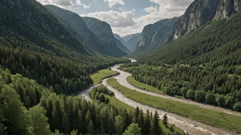 En fredelig og malerisk dal med en elv som renner gjennom den.