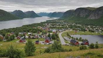 En malerisk landsby i Norge med et skilt som viser navnet 'Nyvoll'.