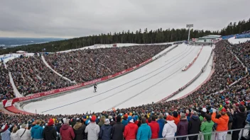 Et skihopprenn på Holmenkollen, med en stor folkemengde som heier på utøverne.