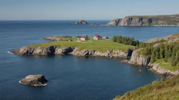 En pittoresk skjærgård i Norge, med små øyer og skjær i forgrunnen, og en robust kystlinje og fjell i bakgrunnen.