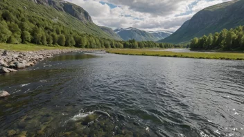 En stor laks som svømmer i en elv med et naturskjønt norsk landskap i bakgrunnen