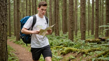 En person som deltar i orientering, løper gjennom en skog med kart og kompass.