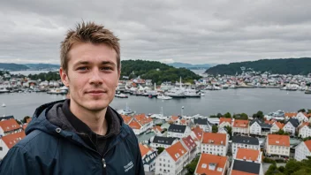 En person fra Stavanger med en tradisjonell drakt, stående foran et ikonisk landemerke fra byen.