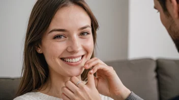 En kvinne med en forlovelsesring på fingeren, smiler og ser lykkelig ut