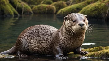 En otter som svømmer i en elv omgitt av trær og steiner.