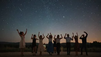 En gruppe mennesker som danser under stjernene, med en vakker nattsky i bakgrunnen.