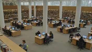 Et universitetsbibliotek med en stor samling bøker og studenter som studerer.