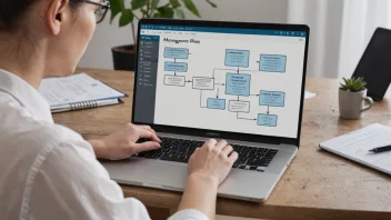 En person som arbeider på en datamaskin med et flytdiagram på skjermen.