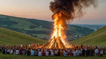 Et sankthansbål som brenner på en åsside en varm sommerkveld.