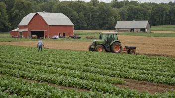 En bondemann som arbeider i et jorde med en traktor og en låve i bakgrunnen