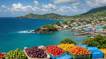 Et fargerikt marked på øya Grenada med en variasjon av frukter, grønnsaker og lokale håndverksprodukter på utstilling.