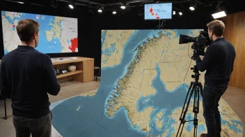 Et TV-studio med et kart over Norge, en programleder og et kamera-team.