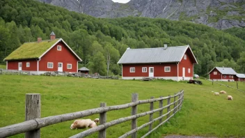 En pittoresk utsikt over en norsk gård med et tre skilt med navnet 'Alfsens'.