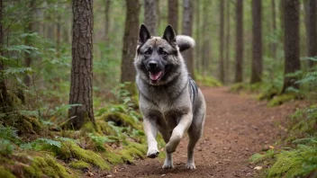 En norsk elghund, også kjent som en jakthund, løper gjennom en skog med ørene flappende i vinden.