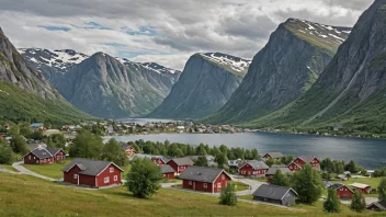 Et vakkert fjellandskap i Norge med en liten landsby i forgrunnen.