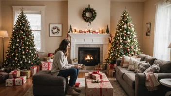 En varm og koselig stue med et juletre og en gjest som sitter på sofaen, omgitt av gaver og feriedekorasjoner.