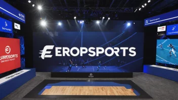 Eurosports' logo med en bakgrunn av ulike sportsutstyr og en TV-skjerm som viser en direktesendt sportsbegivenhet.