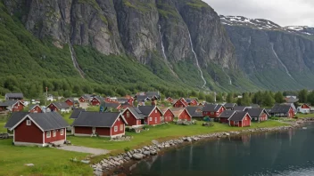 En pittoresk landsby i Norge med trehus og en vakker fjord i bakgrunnen