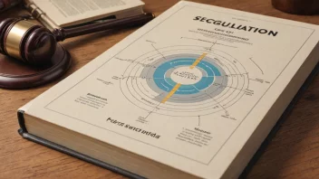 En illustrasjon av en lov bok med et sektor diagram i bakgrunnen, som representerer reguleringen av forskjellige sektorer.