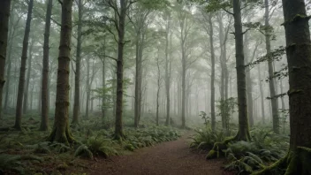 Et bilde av en tett skog med høye trær og en tåkete atmosfære.