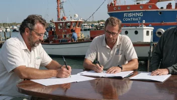 To personer undertegner en fiskebåtkontrakt, med en fiskebåt i bakgrunnen.