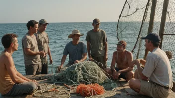 En gruppe små fiskere samlet rundt et bord, diskuterer og planlegger med et stort fiskegarn i bakgrunnen.