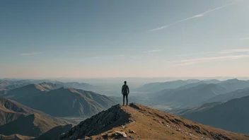 Et fredelig og kontemplativt bilde av en person som står alene på en fjelltopp, omgitt av et stort og åndeløst landskap, som fremkaller følelser av fjernhet og avstand.