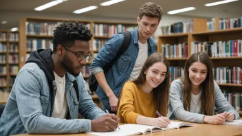 En gruppe studenter i et universitetsbibliotek, som studerer og arbeider sammen, med bøker og laptoper spredt rundt dem.