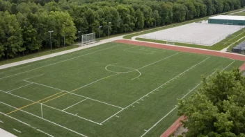 En idrettsplass med ulike fasiliteter, inkludert en løpebane, fotballbane og tribuner.