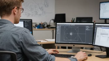 En datamaskin som viser et CAD-program, med en person som arbeider på et designprosjekt i bakgrunnen.