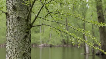 Et alderssløv som vokser langs en elv, med sin lysegrønne bark og blader synlige.