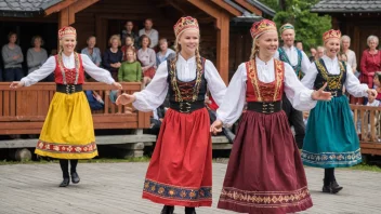 En gruppe mennesker i tradisjonelle norske klær danser og spiller musikk.