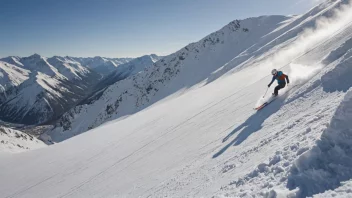 En person som kjører ned en bratt fjellsid med stor hastighet, i et vakkert vinterlandskap.