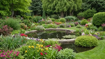 En vakker og velholdt garten med en blanding av fargerike blomster, frodige trær og en liten dam med en fontene