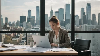 En person som jobber ved et skrivebord med en laptop og papirer, med en bysilhuett i bakgrunnen.