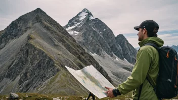 En fjellklatrer foran et fjell, planlegger sin rute.