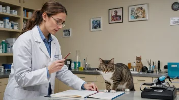 En veterinær undersøker en katt i et laboratorium.