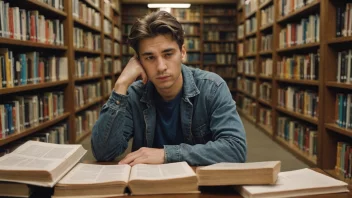 En person som sitter i et bibliotek, omgitt av bøker og papirer, med en tankefull uttrykk i ansiktet.