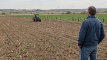 En bonde som ser ut over et jordbruksområde som har blitt liggende ubrukt som del av en crop rotation strategi.