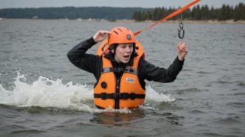 En person i en redningsvest, kaster en livline til noen i nød i vannet, med en redningsbåt i bakgrunnen