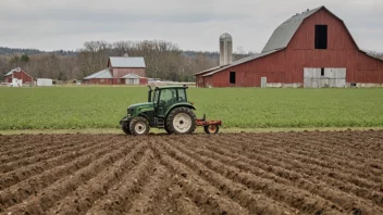 En bonde i en åker med en traktor og en låve i bakgrunnen, med en regjeringsbygning i det fjerne.