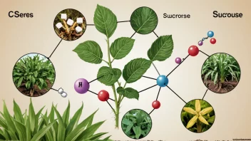 En illustrasjon av et sukresmolekyl, omgitt av bilder av planter som produserer sukres.