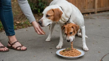 En person mater en hund med en skål mat