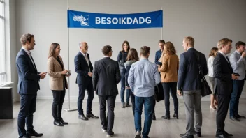 En gruppe mennesker besøker et selskap eller organisasjon på en spesiell dag, med et banner eller skilt som leser 'Besøksdag' på norsk.