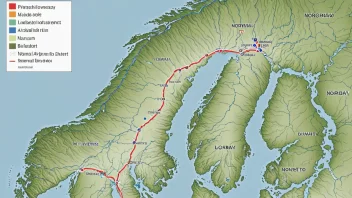 Et kart over Norge med ulike tolldistrikter markert.