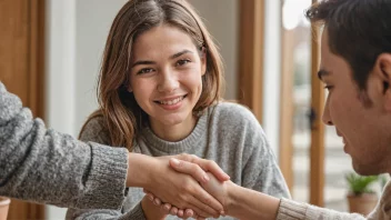 En person med et vennlig ansikt og åpne armer, omgitt av mennesker som smiler og er lykkelige.