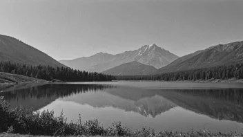 Et sort-hvitt fotografi av et landskap med et fremtredende fjell i bakgrunnen og en innsjø i forgrunnen.