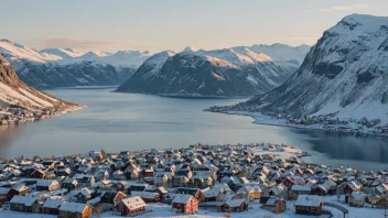 En pittoresk nordlig by eller tettsted i Norge, omgitt av snødekte fjell og en frossen innsjø.