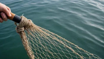 Et fiskenett, spesifikt en fiskenote, som brukes til å fange fisk i en fredelig innsjø eller havsetting.