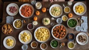 Et varmt og invitende bilde av en tradisjonell norsk bondes middagsbord, med en rekke lokale ingredienser og enkle retter.